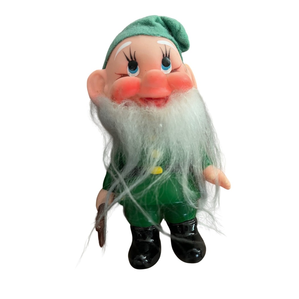 Vintage Rubber Gnome Figurine Made in Japan Green Outfit White Beard 4 inch